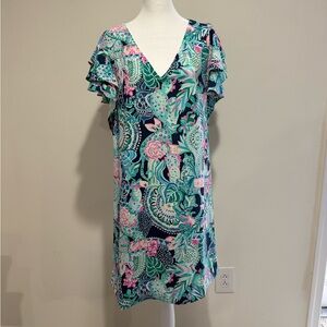Lilly Pulitzer size 10 ruffled cap sleeve shift dress Lookin Sharp print
